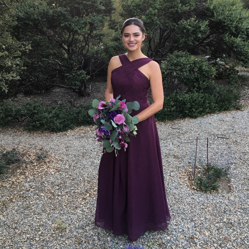 Purple full length dress chiffon fabric lace up